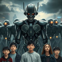 A male semi-robot, featuring intricate metallic details and an evil grin, stands confidently at the forefront of the scene