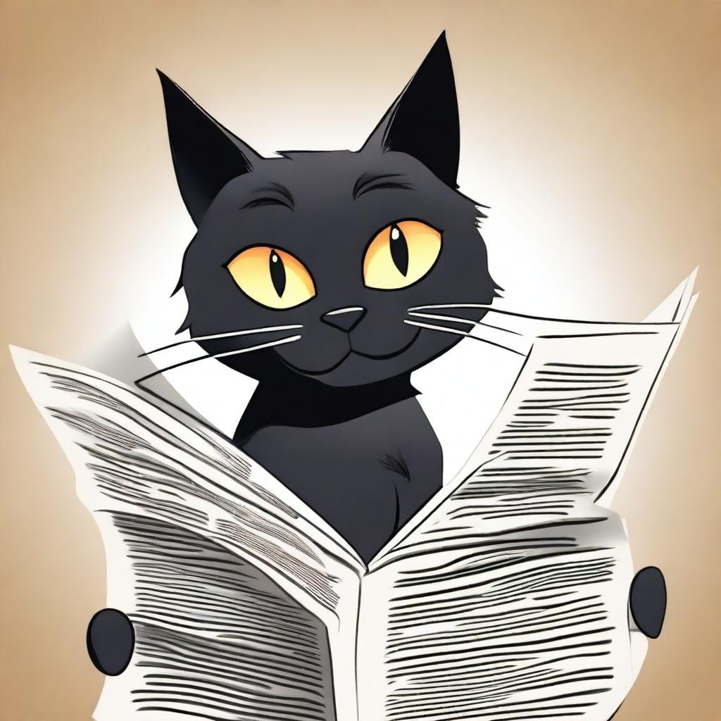 A comical black cat in a newspaper cartoon style, displaying mischievous expression and antics.