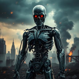 A futuristic scene featuring a humanoid cyborg from the iconic Terminator franchise