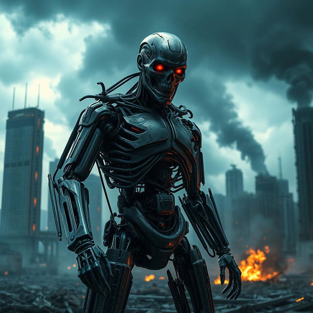 A futuristic scene featuring a humanoid cyborg from the iconic Terminator franchise