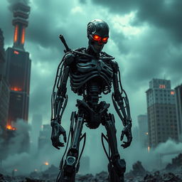 A futuristic scene featuring a humanoid cyborg from the iconic Terminator franchise