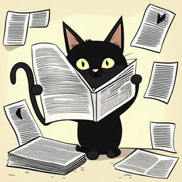 A comical black cat in a newspaper cartoon style, displaying mischievous expression and antics.