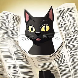 A comical black cat in a newspaper cartoon style, displaying mischievous expression and antics.