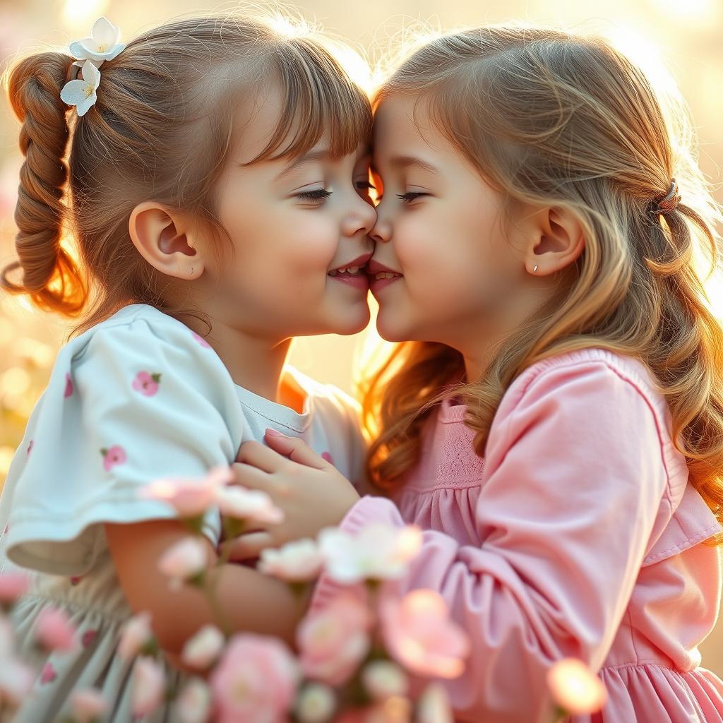 A beautiful scene featuring two young girls sharing a sweet and innocent kiss, capturing a joyful and affectionate moment between them