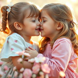 A beautiful scene featuring two young girls sharing a sweet and innocent kiss, capturing a joyful and affectionate moment between them