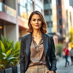A 35-year-old European woman with elegant features, wearing stylish, contemporary clothing