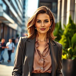 A 35-year-old European woman with elegant features, wearing stylish, contemporary clothing