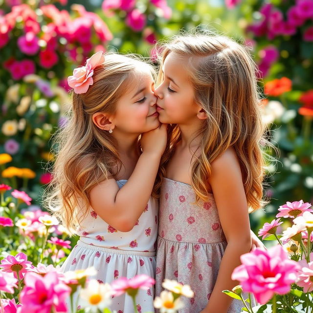 A whimsical and heartwarming scene featuring two beautiful tween girls sharing a sweet and innocent kiss