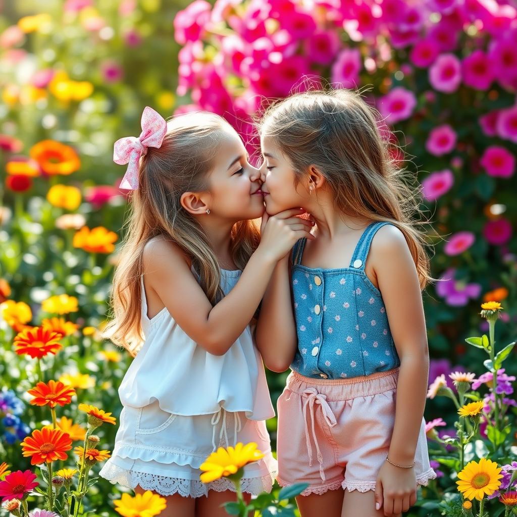 A whimsical and heartwarming scene featuring two beautiful tween girls sharing a sweet and innocent kiss