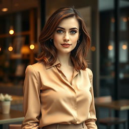 A 35-year-old European woman with graceful features, dressed in fashionable attire