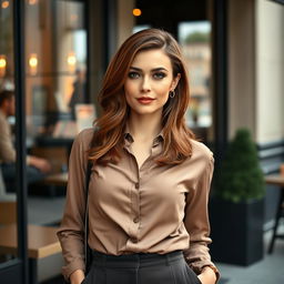 A 35-year-old European woman with graceful features, dressed in fashionable attire