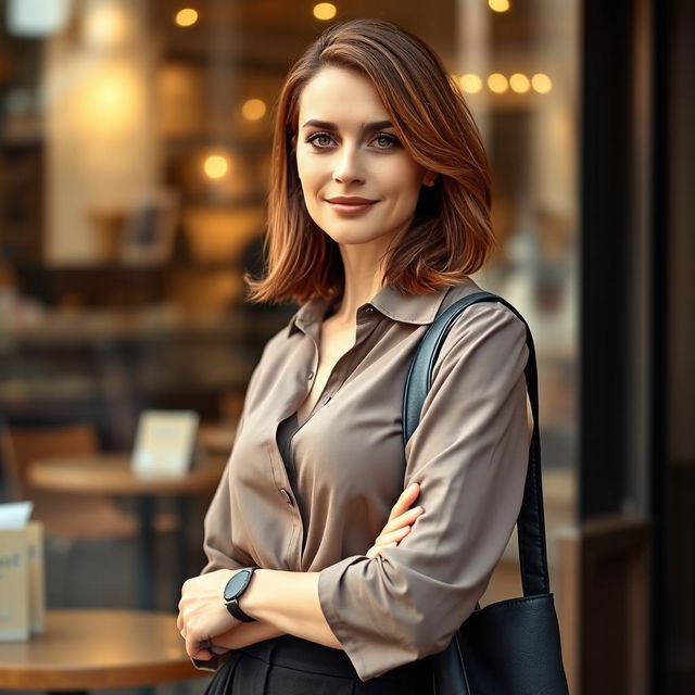 A 35-year-old European woman with graceful features, dressed in fashionable attire