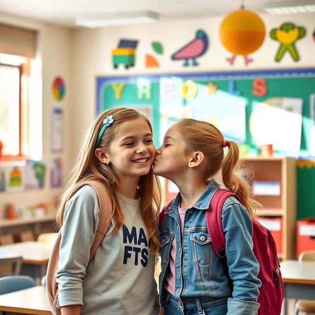 A charming scene in a vibrant classroom where two beautiful tween girls are sharing a sweet, innocent kiss