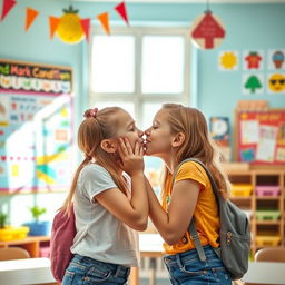 A charming scene in a vibrant classroom where two beautiful tween girls are sharing a sweet, innocent kiss