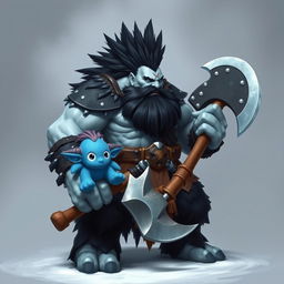 A powerful Goliath Berserker characterized by his towering ice giant stature, sporting a striking black mohawk that contrasts with his icy skin