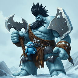 A powerful Goliath Berserker characterized by his towering ice giant stature, sporting a striking black mohawk that contrasts with his icy skin