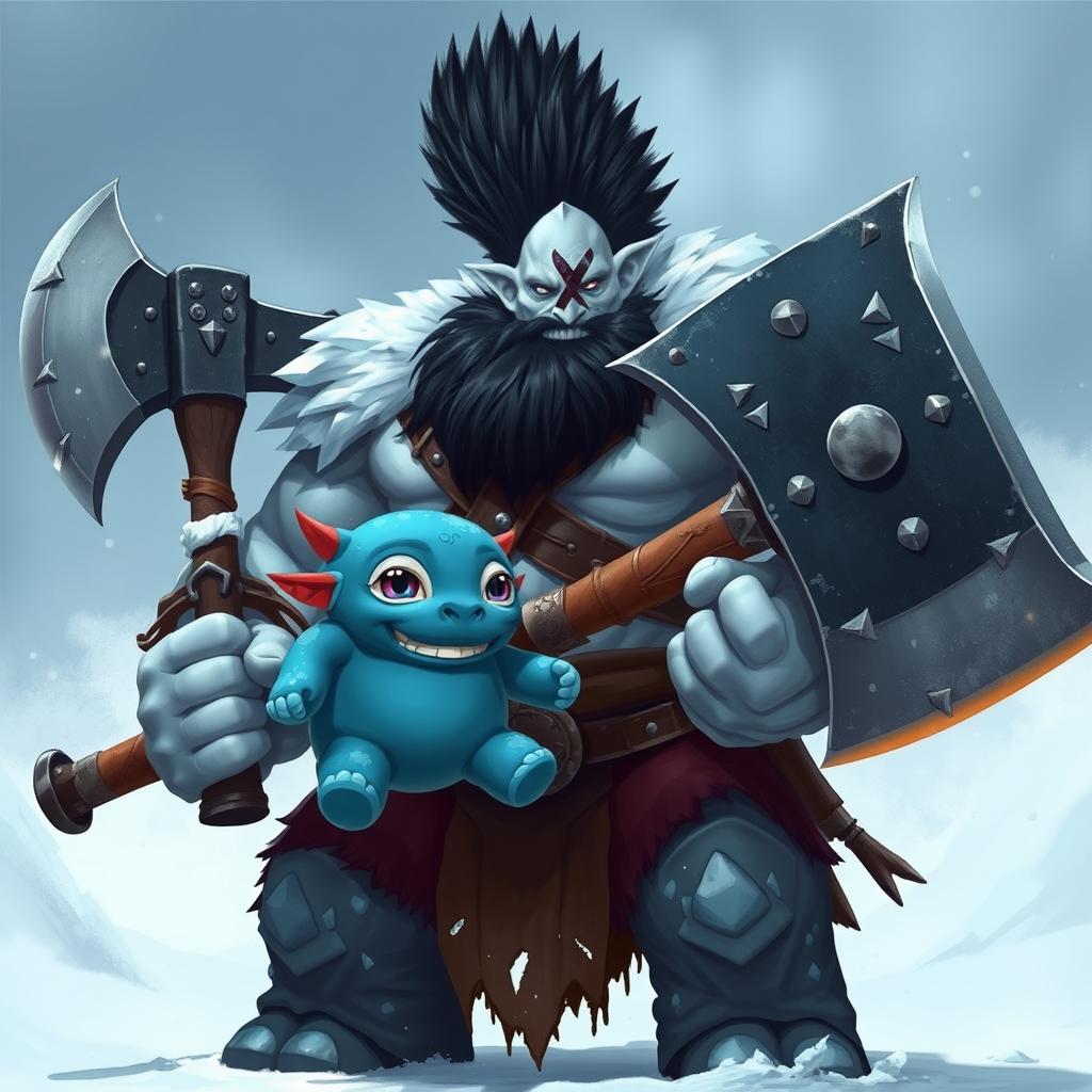 A powerful Goliath Berserker characterized by his towering ice giant stature, sporting a striking black mohawk that contrasts with his icy skin