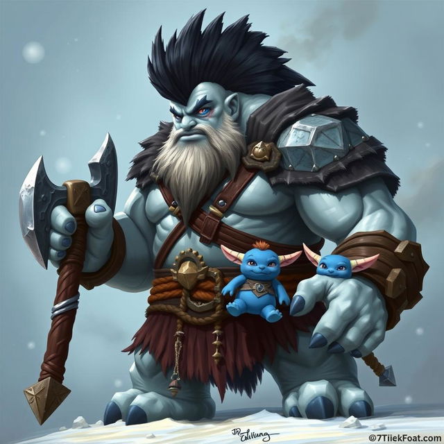 A powerful Goliath Berserker characterized by his towering ice giant stature, sporting a striking black mohawk that contrasts with his icy skin