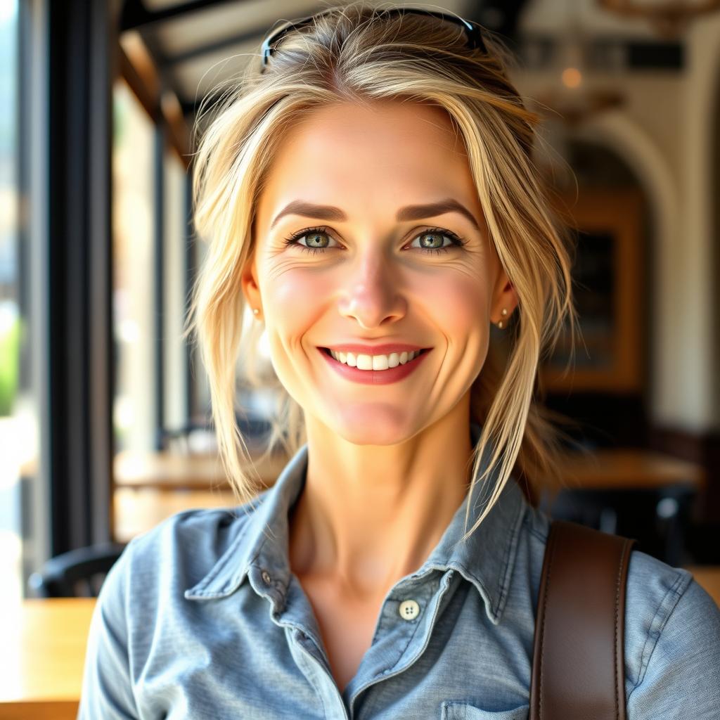 A full-length photograph of a woman aged between 30 to 45 with a natural appearance, minimal makeup, and well-groomed hair