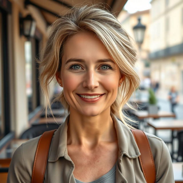 A full-length photograph of a woman aged between 30 to 45 with a natural appearance, minimal makeup, and well-groomed hair