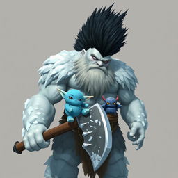 A very tall Goliath Berserker depicted as an imposing ice giant, characterized by his dramatic black mohawk that stands out against his frosty complexion