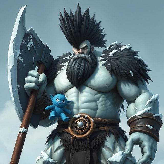 A very tall Goliath Berserker depicted as an imposing ice giant, characterized by his dramatic black mohawk that stands out against his frosty complexion