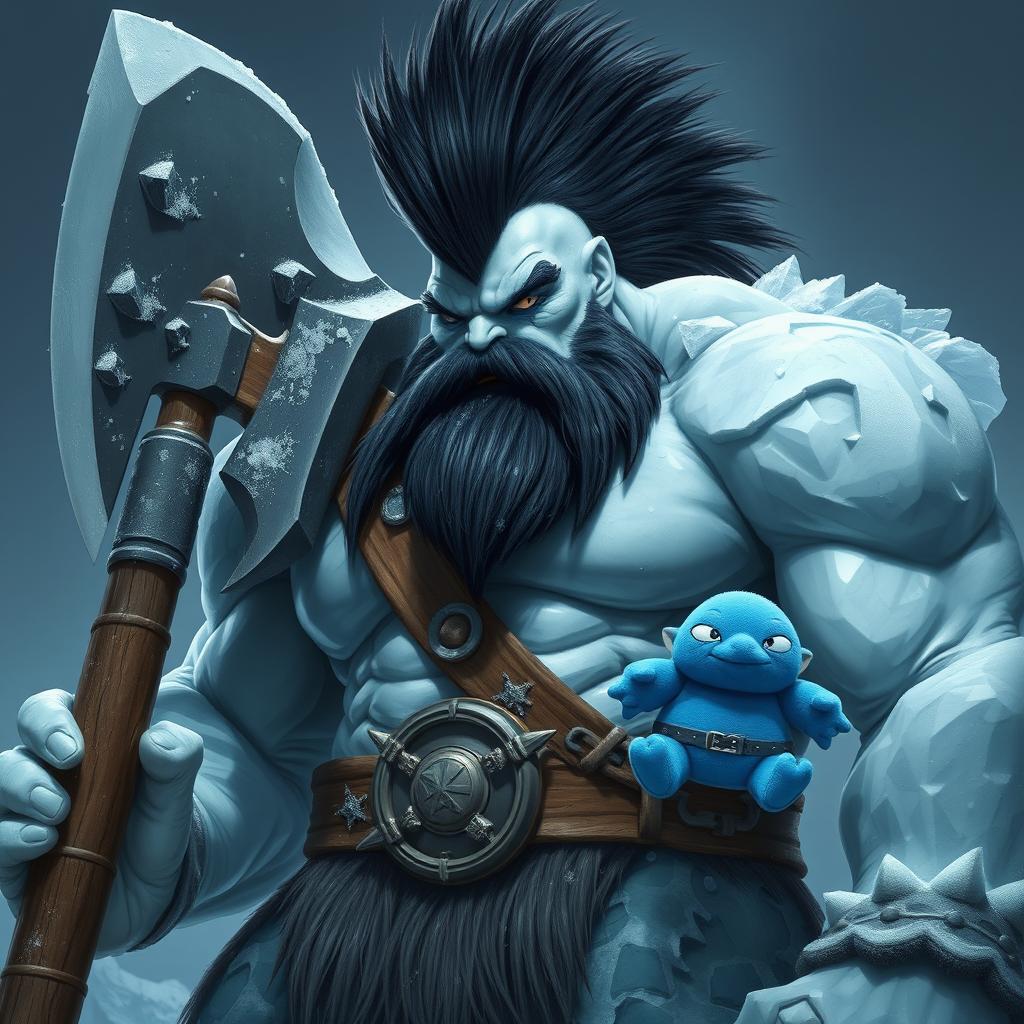 A very tall Goliath Berserker depicted as an imposing ice giant, characterized by his dramatic black mohawk that stands out against his frosty complexion