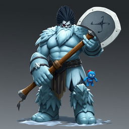 A very tall and well-shaped Goliath Berserker, portrayed as a formidable ice giant with a striking black mohawk that emphasizes his powerful presence