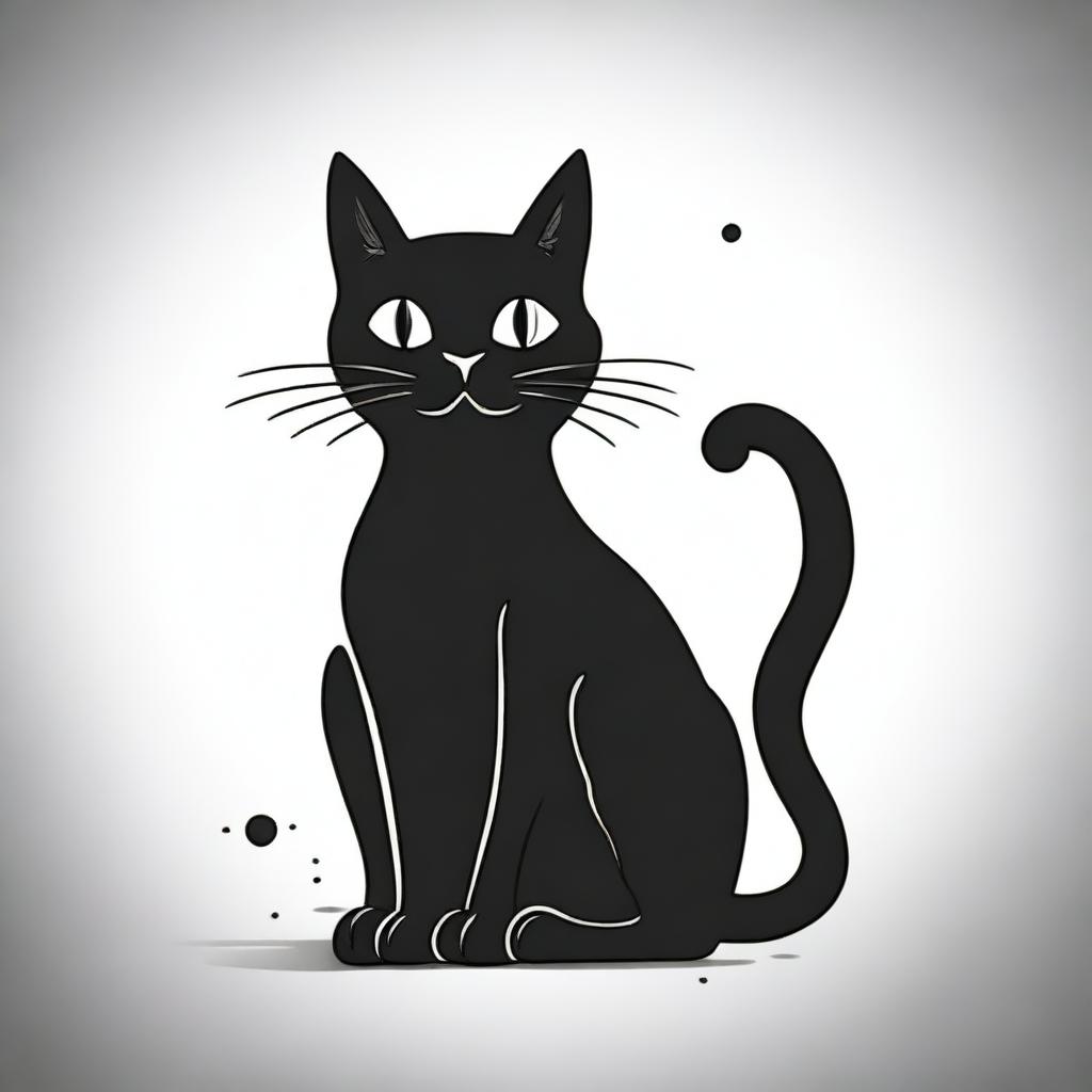 A monochromatic image of a simple black cat, illustrated in an old black and white cartoon style, exuding charm and whimsy.