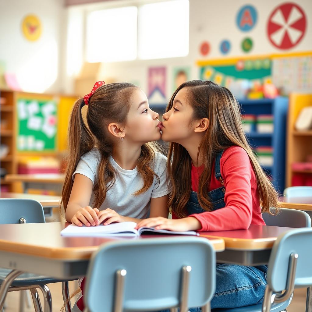 A realistic scene set in a lively classroom, featuring two beautiful tween girls sitting at their desks sharing a sweet and innocent kiss