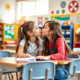 A realistic scene set in a lively classroom, featuring two beautiful tween girls sitting at their desks sharing a sweet and innocent kiss