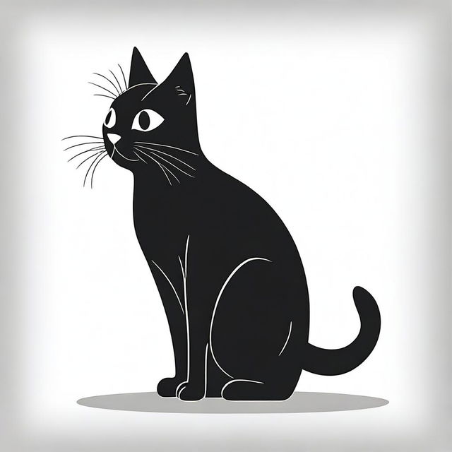 A monochromatic image of a simple black cat, illustrated in an old black and white cartoon style, exuding charm and whimsy.