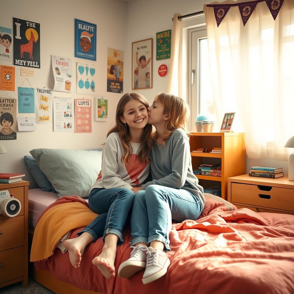 A realistic scene set in a cozy dorm room, featuring two beautiful tween girls seated together on a bed, sharing a sweet and innocent kiss