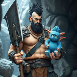In a Dungeons and Dragons themed setting, a very tall and well-shaped ice Goliath Berserker stands out with an attractive and fierce presence