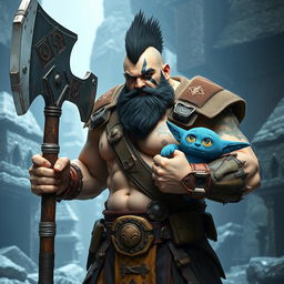 In a Dungeons and Dragons themed setting, a very tall and well-shaped ice Goliath Berserker stands out with an attractive and fierce presence