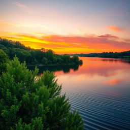 A high-quality, crystal clear photograph of a scenic landscape featuring a vibrant sunset over a calm lake