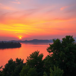 A high-quality, crystal clear photograph of a scenic landscape featuring a vibrant sunset over a calm lake