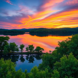 A high-quality, crystal clear photograph of a scenic landscape featuring a vibrant sunset over a calm lake