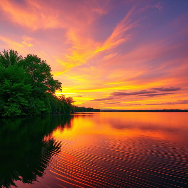 A high-quality, crystal clear photograph of a scenic landscape featuring a vibrant sunset over a calm lake