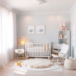 A beautifully designed nursery for a newborn baby, featuring a soft pastel color palette with soothing tones of light blue, soft pink, and gentle yellow