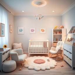 A beautifully designed nursery for a newborn baby, featuring a soft pastel color palette with soothing tones of light blue, soft pink, and gentle yellow