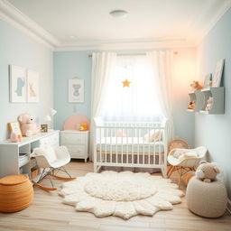 A beautifully designed nursery for a newborn baby, featuring a soft pastel color palette with soothing tones of light blue, soft pink, and gentle yellow