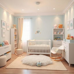 A beautifully designed nursery for a newborn baby, featuring a soft pastel color palette with soothing tones of light blue, soft pink, and gentle yellow