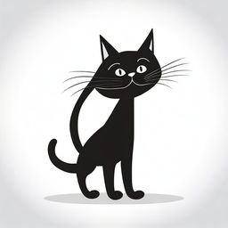 A simple black cat, playfully depicted in an old black and white cartoon style, stands out against a pristine white background