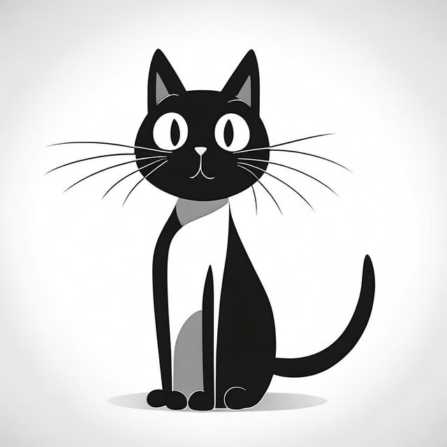 A simple black cat, playfully depicted in an old black and white cartoon style, stands out against a pristine white background