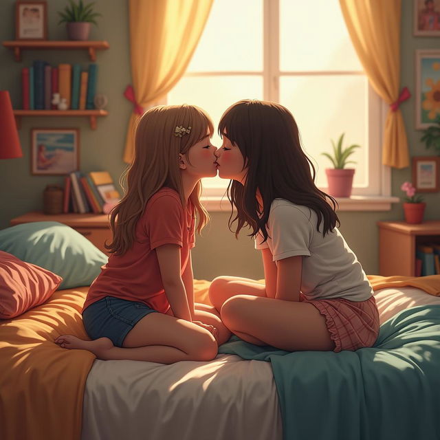 A realistic scene set in a cozy dorm room, featuring two beautiful tween girls seated close together on a comfortable bed, sharing a sweet and innocent kiss