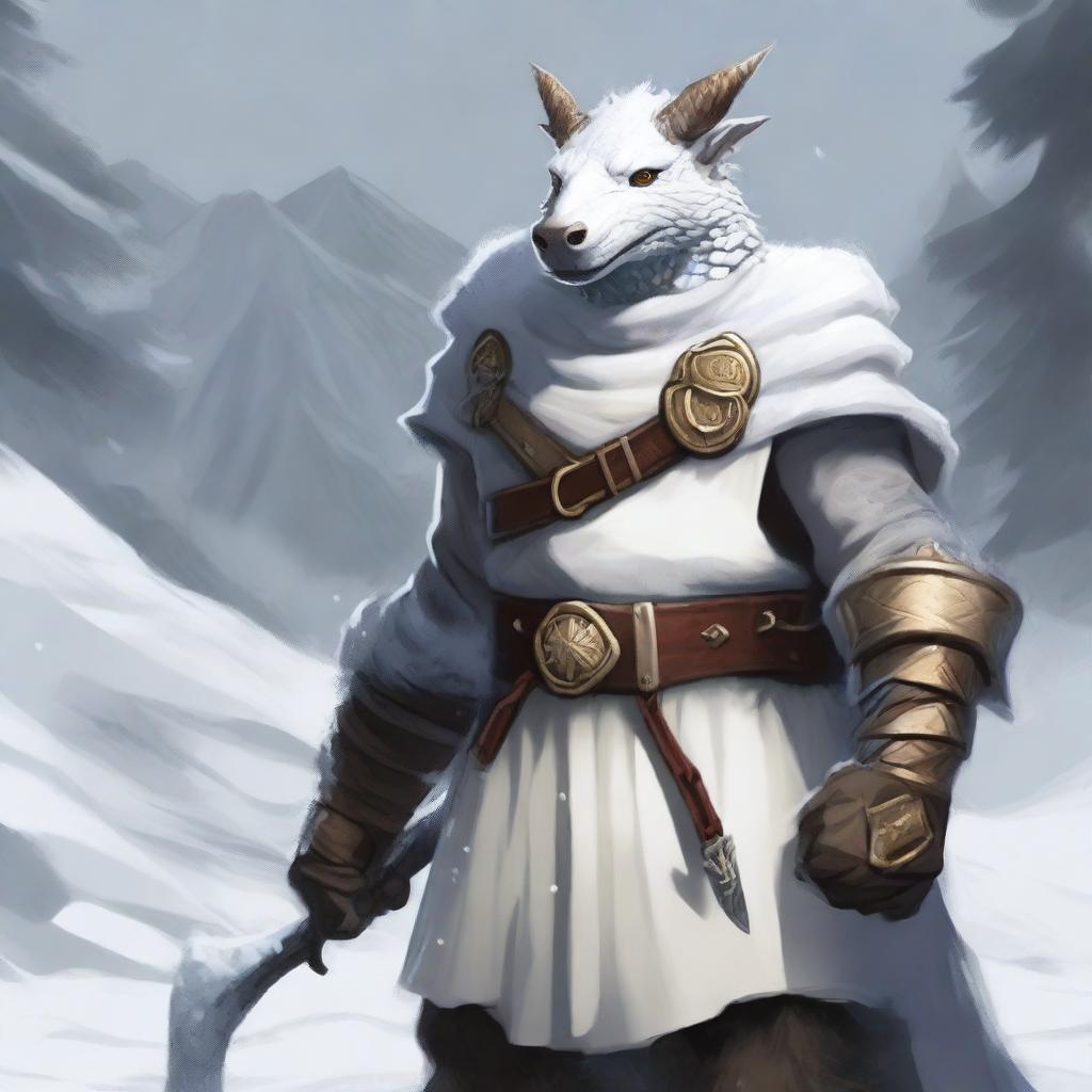 A white dragonborn from Dungeons and Dragons, dressed in a Viking-style boar smock, against a snowy backdrop