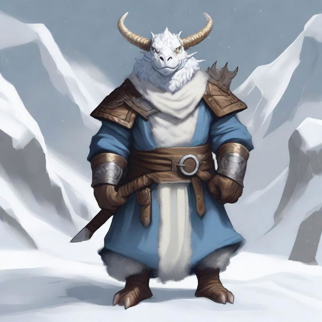 A white dragonborn from Dungeons and Dragons, dressed in a Viking-style boar smock, against a snowy backdrop