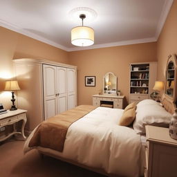 A cozy bedroom featuring a large double bed with elegant bedding, a stylish lamp providing soft illumination, and walls painted in a warm beige color