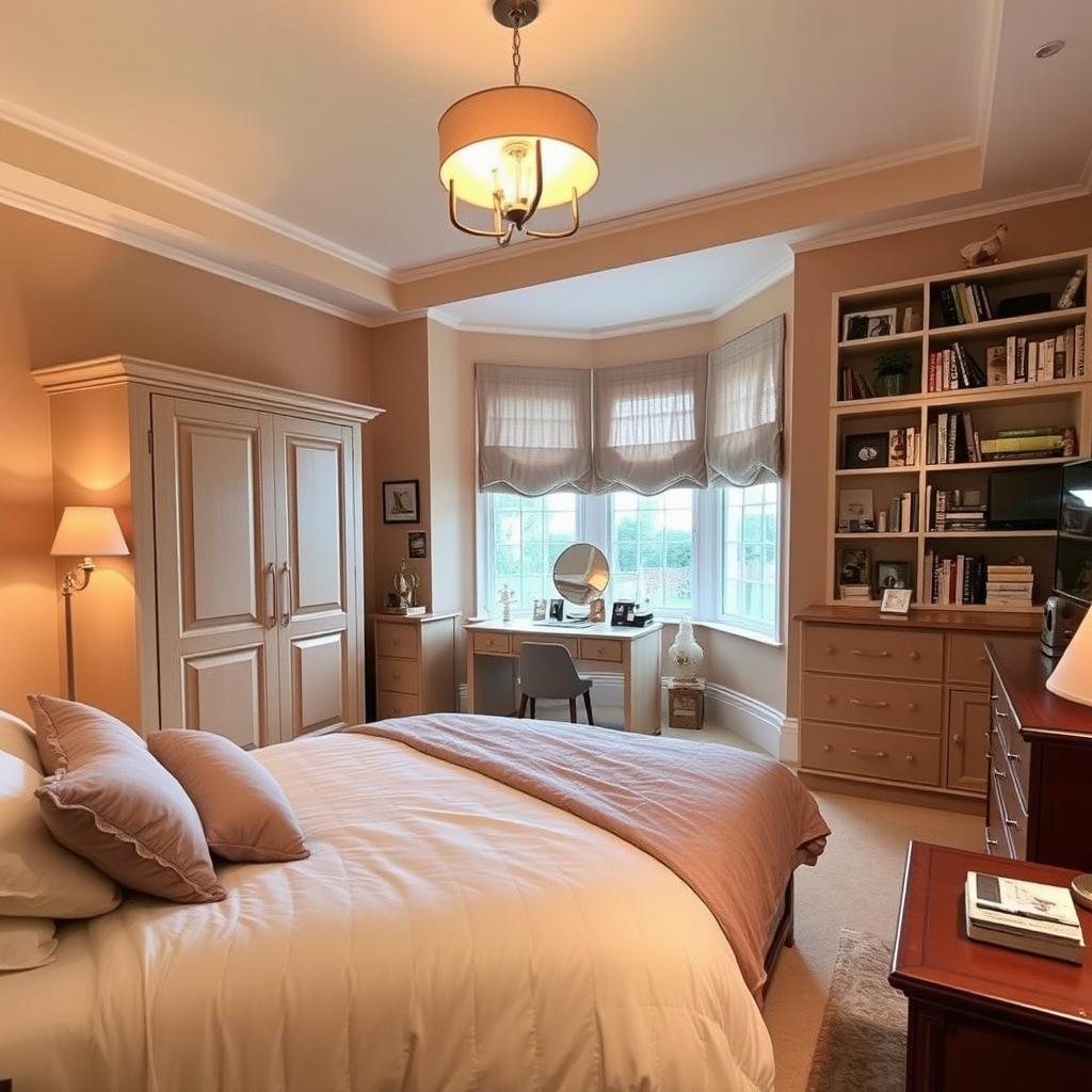 A cozy bedroom featuring a large double bed with elegant bedding, a stylish lamp providing soft illumination, and walls painted in a warm beige color